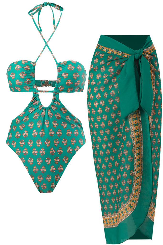 Hent Τιρκουάζ Εμπριμέ Ολόσωμο Μαγιό με Παρεό | Γυναικεία Μαγιό Παρεό - Ολόσωμα - Swimwear | Hent Turquoise Printed One Piece Swimsuit with Pareo Set