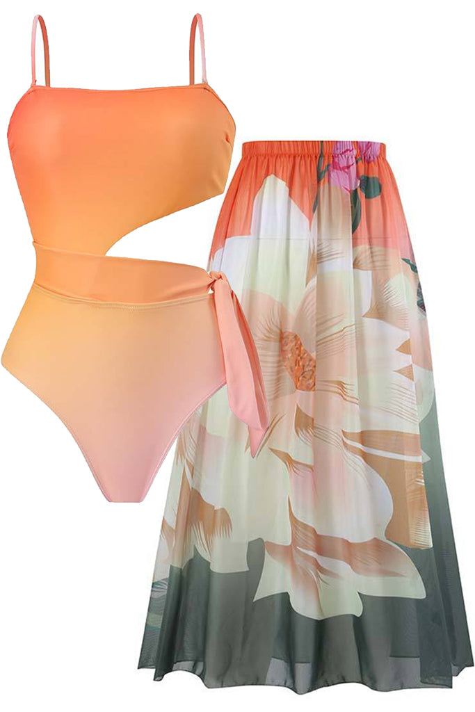 Meldrop Σομόν Εμπριμέ Ολόσωμο Μαγιό με Φούστα Παρεό | Γυναικεία Μαγιό Παρεό - Ολόσωμα - Swimwear | Meldrop Salmon Pink Floral Printed One Piece Swimsuit with Pareo Skirt Set