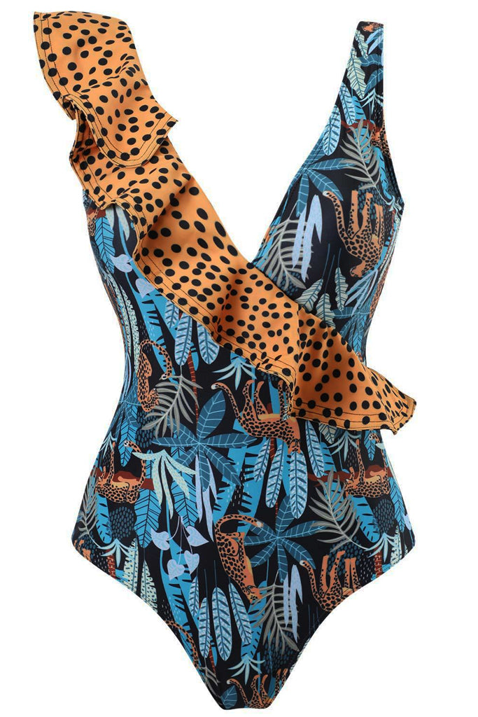 Leola Μπλε Εμπριμέ Ολόσωμο Μαγιό με Παρεό με Animal Print | Γυναικεία Μαγιό Παρεό - Ολόσωμα - Swimwear | Leola Blue Printed One Piece Swimsuit with Pareo Set