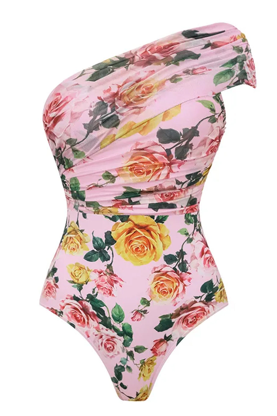 Liore Ροζ Φλοράλ Ολόσωμο Μαγιό με Έναν Ώμο και Φούστα Παρεό Σετ | Μαγιό - Ολόσωμα - Swimwear One Piece | Liore Pink Floral One Shoulder Swimsuit with Pareo Skirt Set