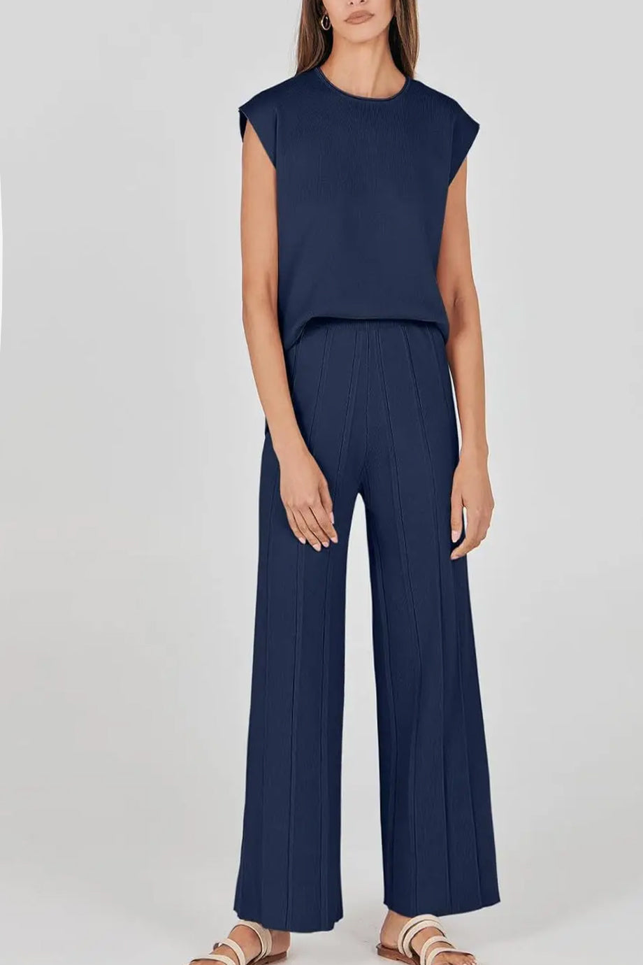 Naya Μπλε Πλεκτό Σετ Τοπ και Παντελόνι | Γυναικεία Ρούχα - Πλεκτά Σετ | Naya Blue Knit Set with Asymmetric Top and Pants