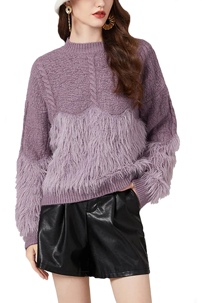 Dissa Μωβ Πλεκτό Πουλόβερ | Γυναικεία Ρούχα - Πλεκτές Ζακέτες | Dissa Purple Knit Sweater with Faux Fur