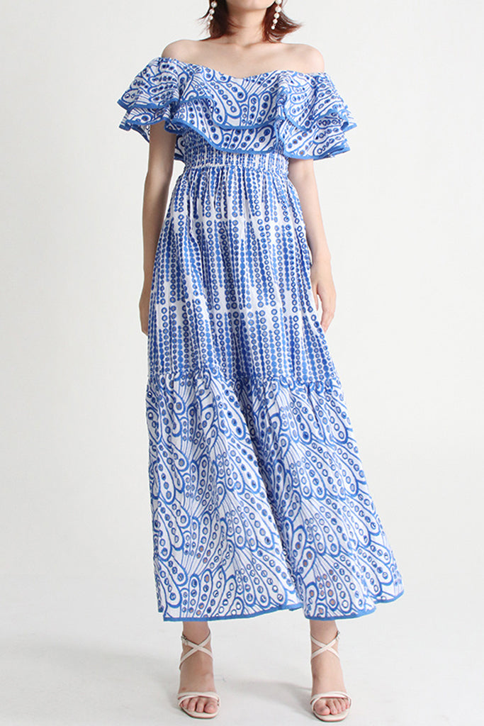 Canaria Μπλε Φόρεμα με Βολάν | Γυναικεία Ρούχα - Φορέματα Canaria Canaria Blue Off-the shoulder Dress