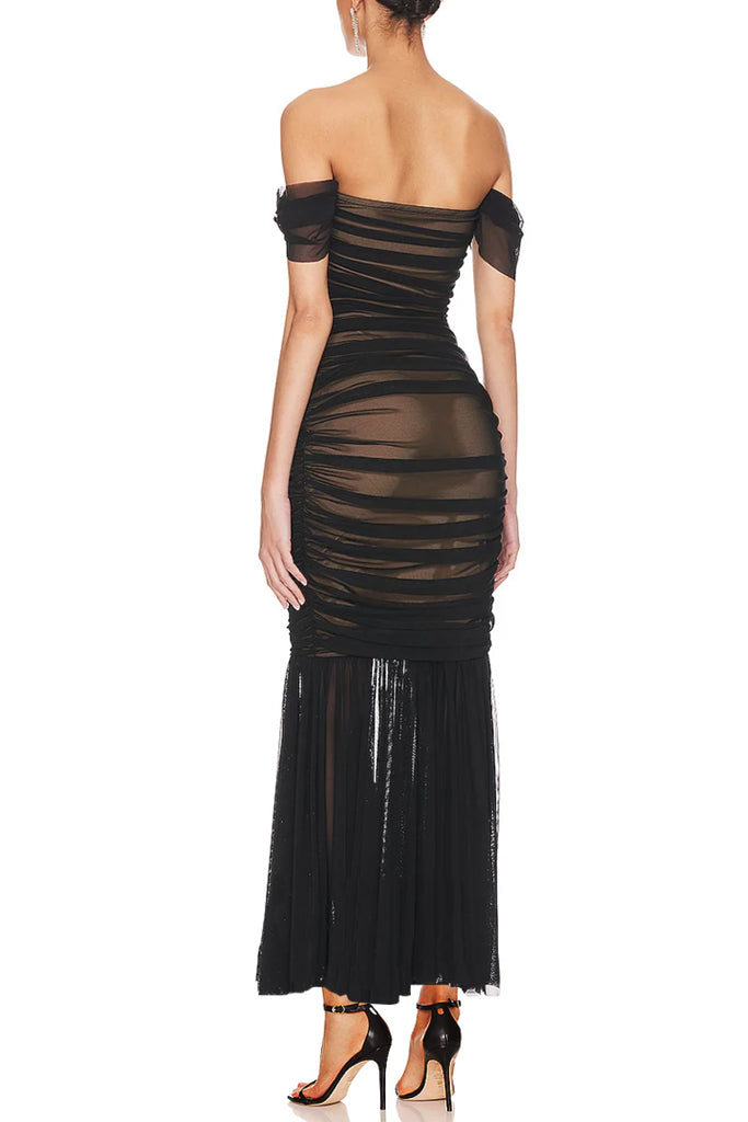 Dorothy Μαύρο Φόρεμα με Τούλι και έναν Ώμο | Φορέματα - Βραδινά - Evening Dress | Dorothy Black Tulle Mesh Fishtail Dress