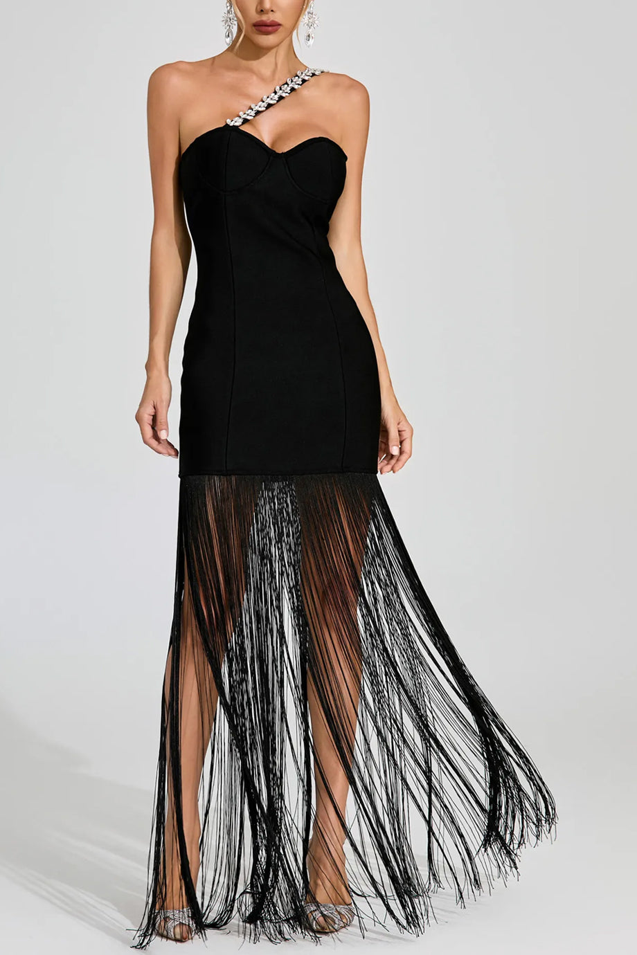 Selene Ελαστικό Φόρεμα με Κρόσσια | Evening Dresses - Φορέματα - Βραδινά | Selene One-Shoulder Maxi Dress with Fringes