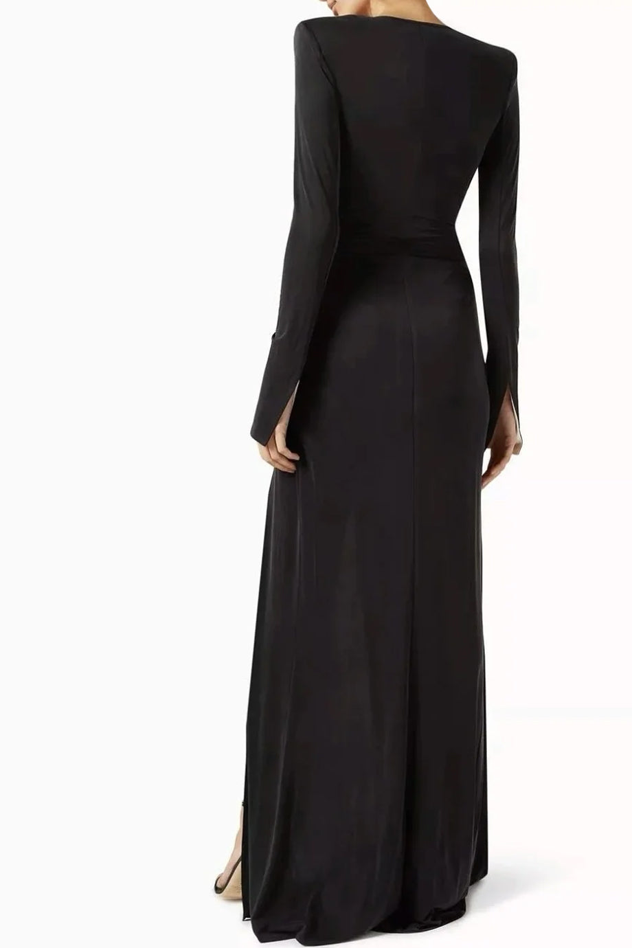 Marquise Μαύρο Μάξι Φόρεμα με Βαθύ Ντεκολτέ και Σατέν Ζώνη | Evening Dresses - Φορέματα - Βραδινά | Marquise Black Maxi Dress with Deep V-Neck and Satin Bow