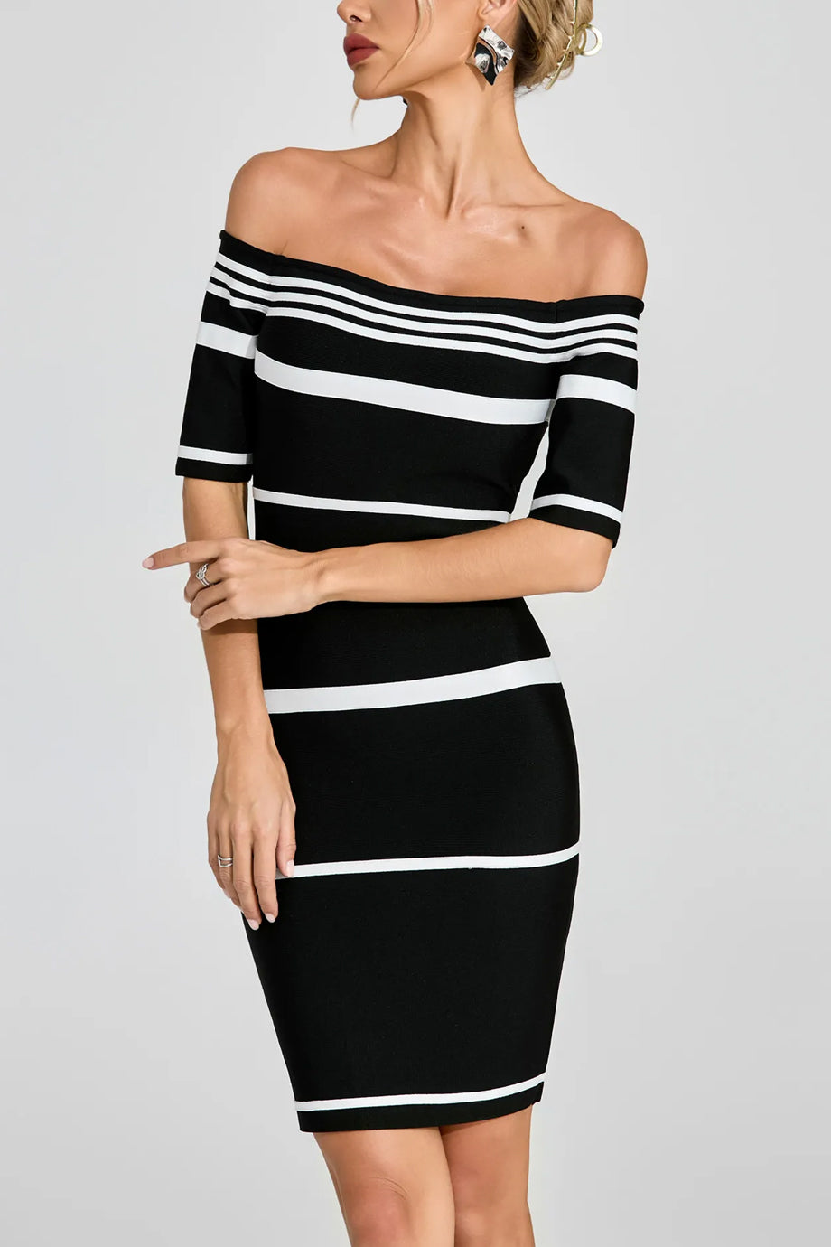 Mirelle Εφαρμοστό Ριγέ Φόρεμα με Παρτούς Ώμους | Φορέματα - Dresses | Mirelle Off-Shoulder Striped Dress