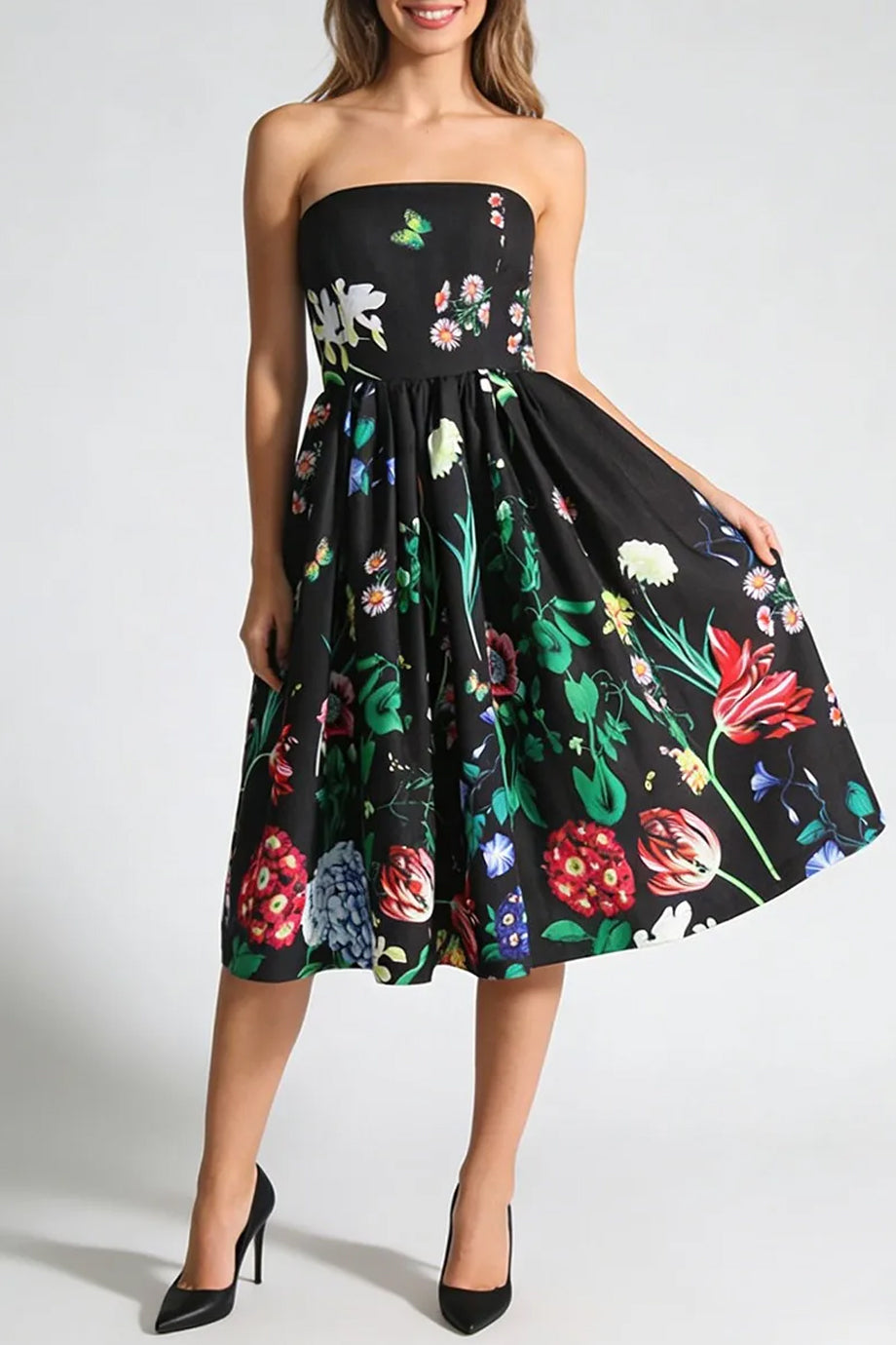 Bellamy Μαύρο Φλοράλ Στραπλες Φόρεμα | Φορέματα - Dresses | Bellamy Strapless Floral Dress