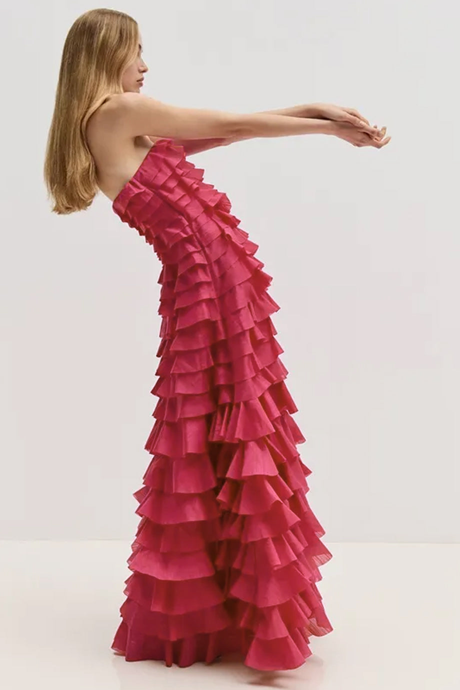 Fleur Στράπλες Μάξι Φούξια Φόρεμα με Βολάν | Βραδινά Φορέματα Evening Dresses | Fleur Layered Ruffled Strapless Maxi Dress