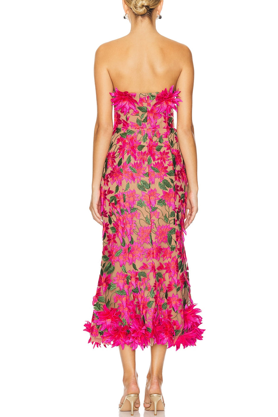 Virelle Φούξια Στράπλες Φόρεμα με Φλοράλ Δαντέλα και Λουλούδια | Βραδινά Φορέματα - Evening Dresses | Virelle Fuchsia Strapless Floral Lace Evening Dress