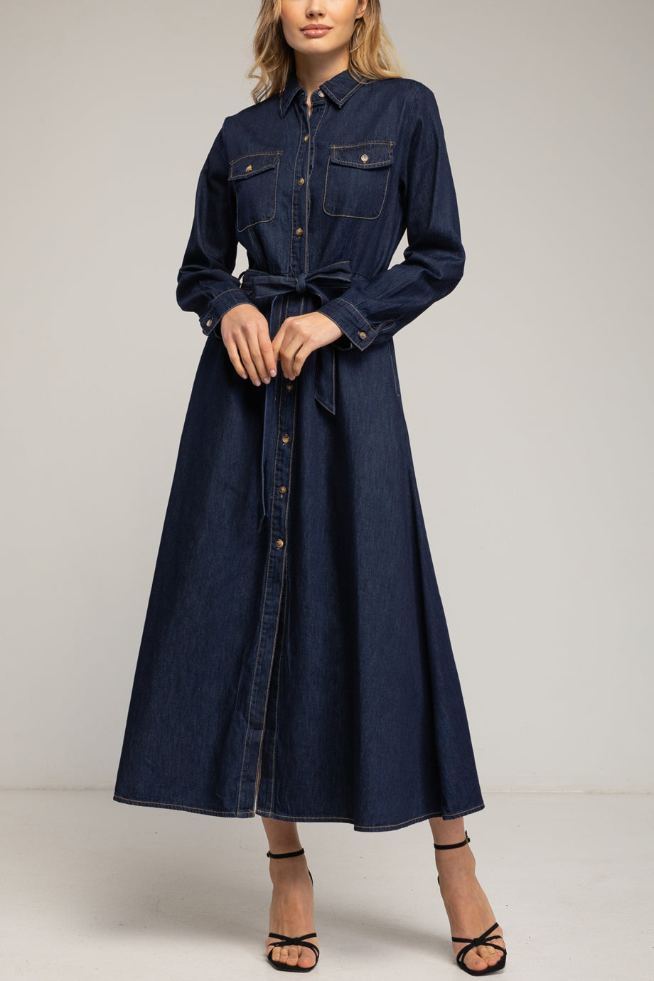 Darvienne Μακρύ Τζιν Φόρεμα με Κουμπιά και Ζώνη | Γυναικεία Φορέματα - dresses| Darvienne Denim Maxi Shirt Dress with Buttons and Waist Belt