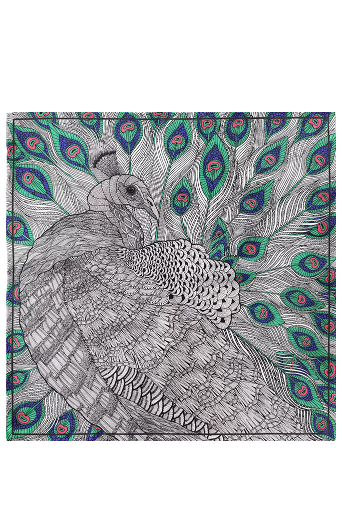 Mr Charming Festive Πολύχρωμο Μεταξωτό Φουλάρι με Παγώνι - Mantility | Φουλάρια Scarves | Mr Charming Festive Multicolor Silk Scarf with Peacock