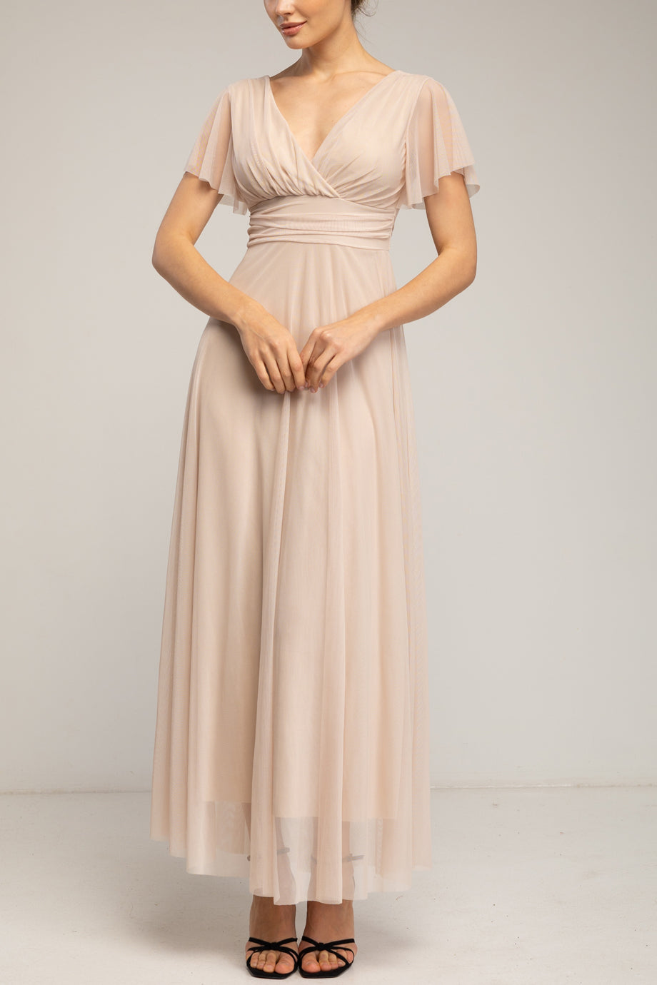 Amelune Μπεζ Μακρύ Φόρεμα από Τούλι με Λαιμόκοψη V | Γυναικεία Φορέματα - Evening Dresses| Amelune Beige Long Tulle Dress with V-Neckline