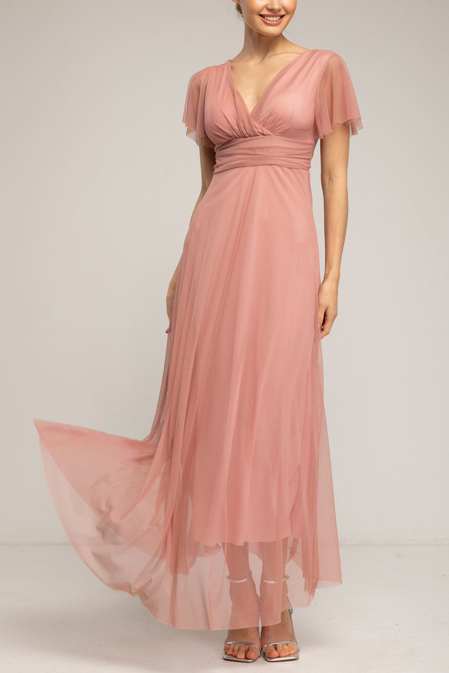 Amelune Ροζ Μακρύ Φόρεμα από Τούλι με Λαιμόκοψη V | Γυναικεία Φορέματα - Evening Dresses| Amelune Pink Long Tulle Dress with V-Neckline