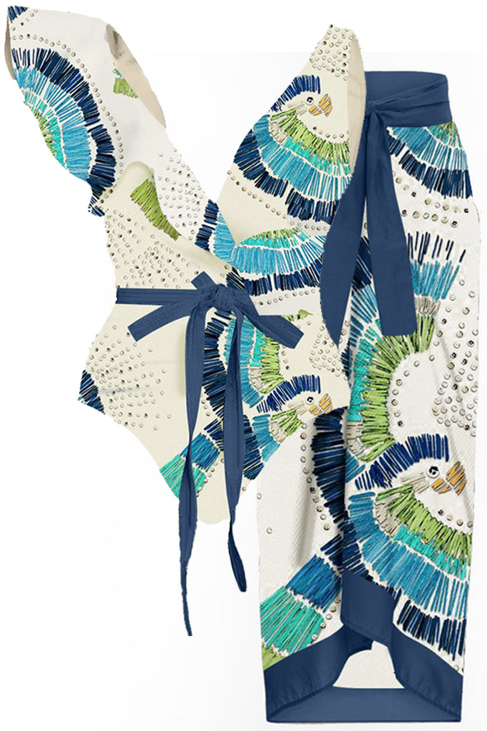 Brazy Μπλε Εμπριμέ Ολόσωμο Μαγιό με Παρεό | Γυναικεία Μαγιό Παρεό - Ολόσωμα - Swimwear | Brazy Blue Printed One Piece Swimsuit with Pareo Set