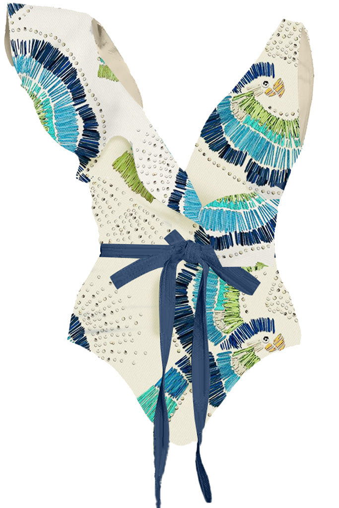 Brazy Μπλε Εμπριμέ Ολόσωμο Μαγιό με Παρεό | Γυναικεία Μαγιό Παρεό - Ολόσωμα - Swimwear | Brazy Blue Printed One Piece Swimsuit with Pareo Set