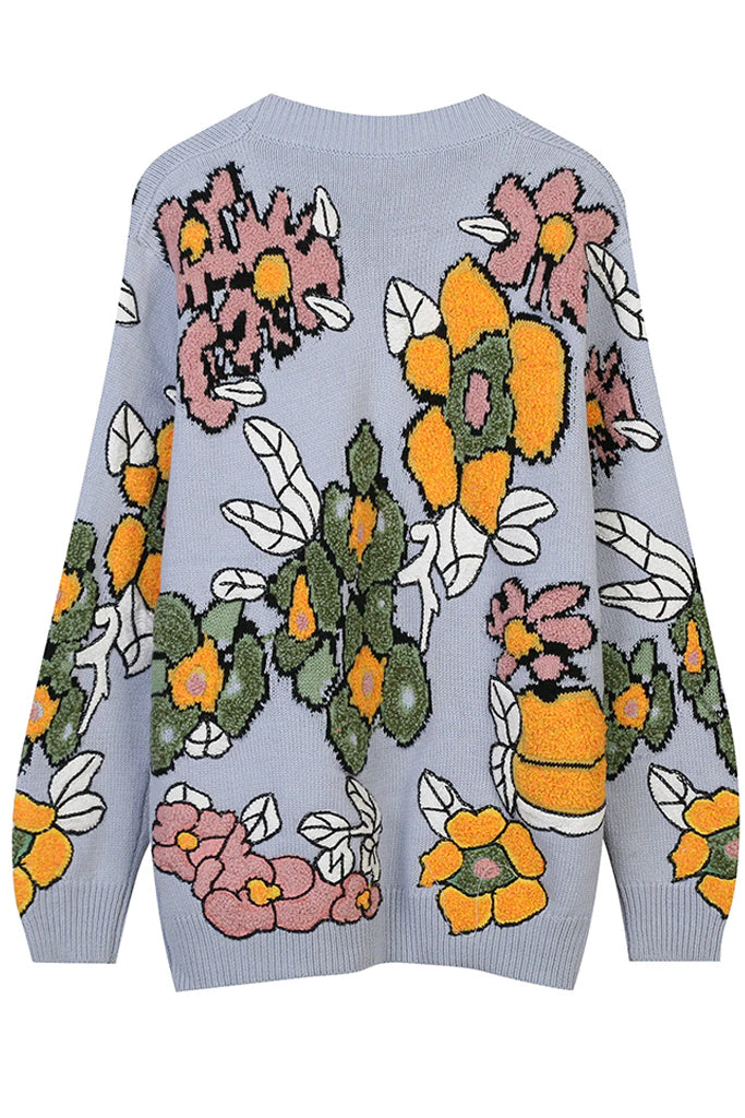 Jacey Γαλάζιο Πουλόβερ με Κεντήματα Λουλουδιών | Γυναικεία Ρούχα - Μπλούζες - Πουλόβερ - Πλεκτά