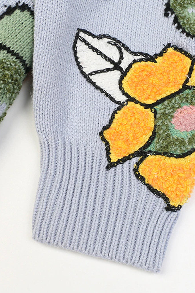 Jacey Γαλάζιο Πουλόβερ με Κεντήματα Λουλουδιών | Γυναικεία Ρούχα - Μπλούζες - Πουλόβερ - Πλεκτά