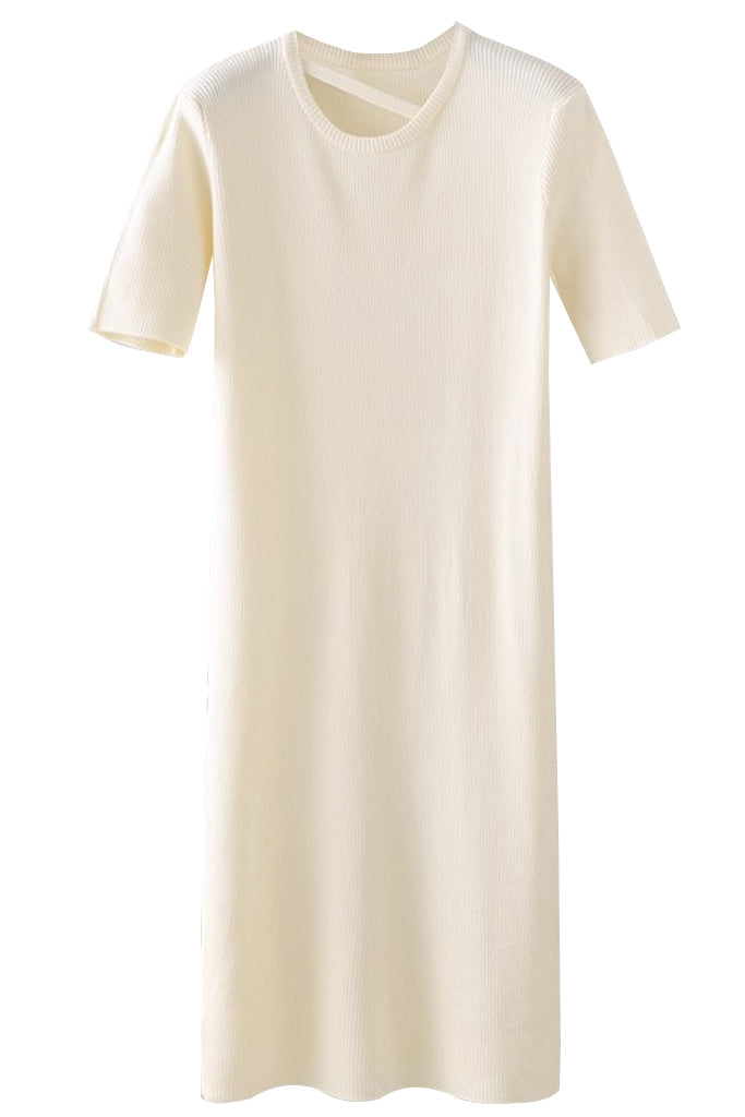 Iska Ιβουάρ Εφαρμοστό Πλεκτό Φόρεμα με Κοντά Μανίκια | Γυναικεία Ρούχα - Φορέματα - Πλεκτά | Iska Ivory Knit Fit Midi Dress with Short Sleeves