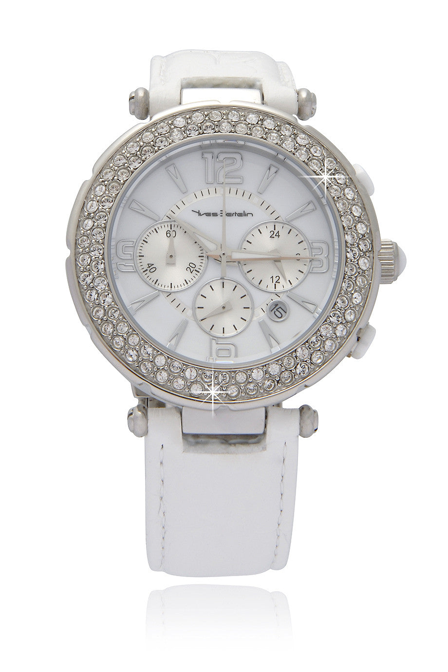SUIR White Leather Chronograph Watch with Crystals