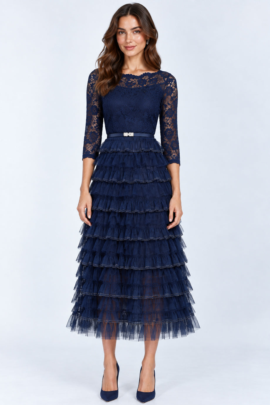 Cavira Midi Dress with Lace and Tulle