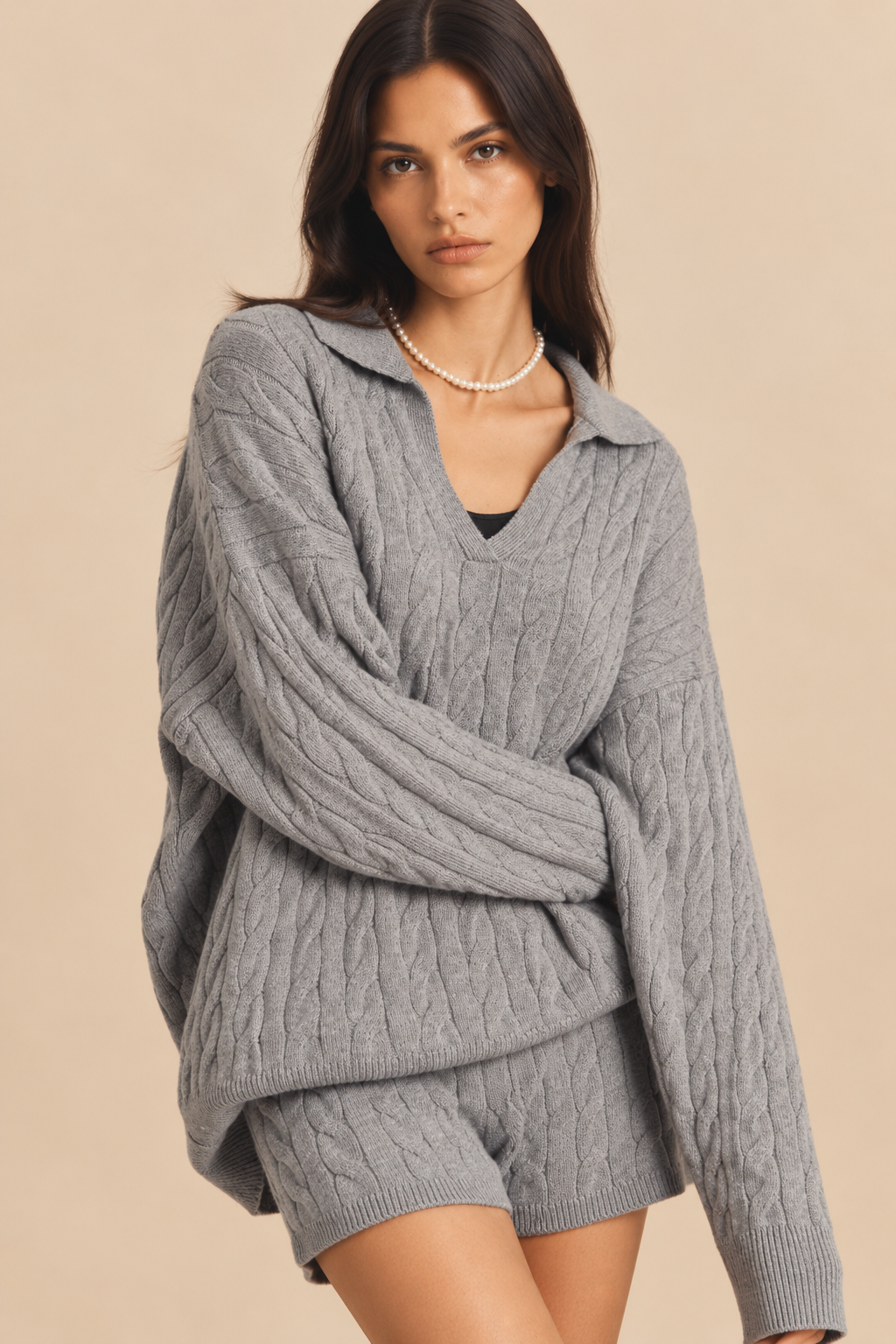 Elvane Πλεκτό Σετ με Τοπ και Σορτς| Πλεκτά Σετ - Knitwear Sets - Loungewear | Elvane Cable Knit Set Top and Pants