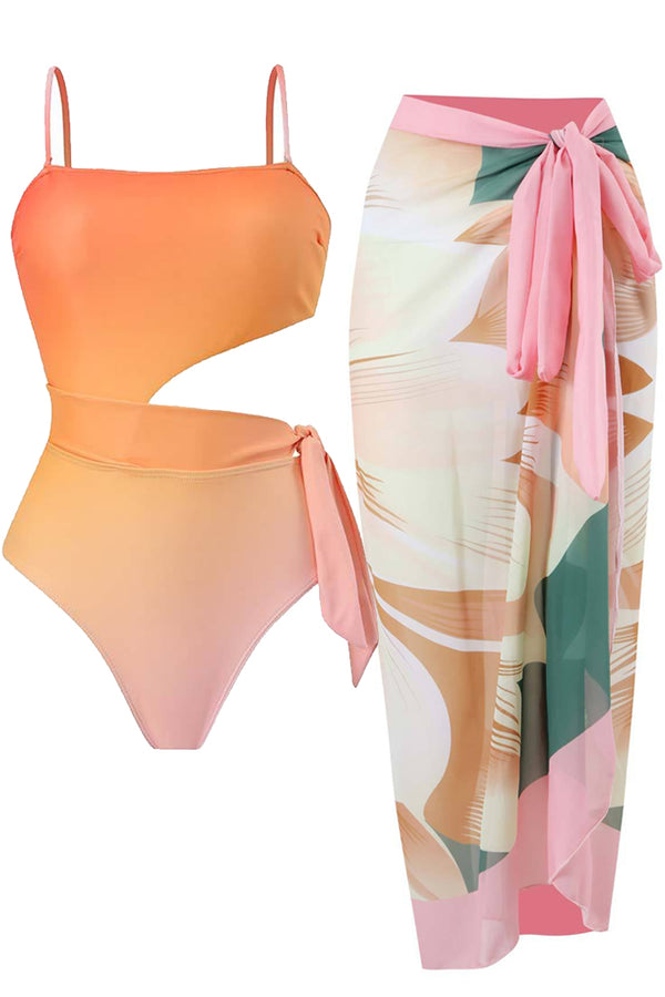 Kerfy Σομόν Ροζ Εμπριμέ Ολόσωμο Μαγιό με Παρεό | Γυναικεία Μαγιό Παρεό - Ολόσωμα  - Swimwear | Kerfy Salmon Pink Floral Printed One Piece Swimsuit with Pareo Set