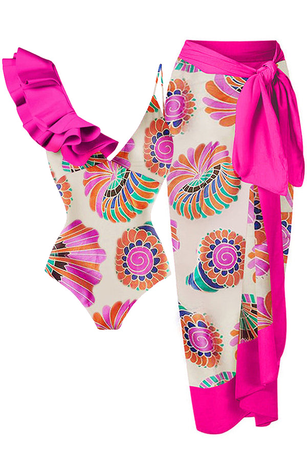 Pean Εμπριμέ Ολόσωμο Μαγιό με Παρεό | Γυναικεία Μαγιό Παρεό - Ολόσωμα  - Swimwear | Pean Printed One Piece Swimsuit with Pareo Set