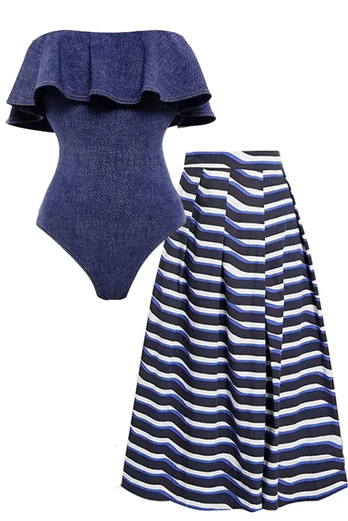 COCO FAREL BEACHWEAR Meredith Μπλε Ολόσωμο Μαγιό και Παρεό Φούστα | Γυναικεία Μαγιό Παρεό - Ολόσωμα  - Swimwear | Meredith Blue One Piece Swimsuit with Pareo Skirt