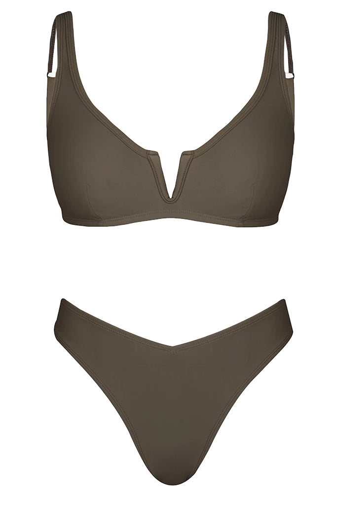 Addison Λαδί Μπικίνι Μαγιό | Γυναικεία Μαγιό - Swimwear | Addison Olive Green V-Cut Mid Waist Bikini