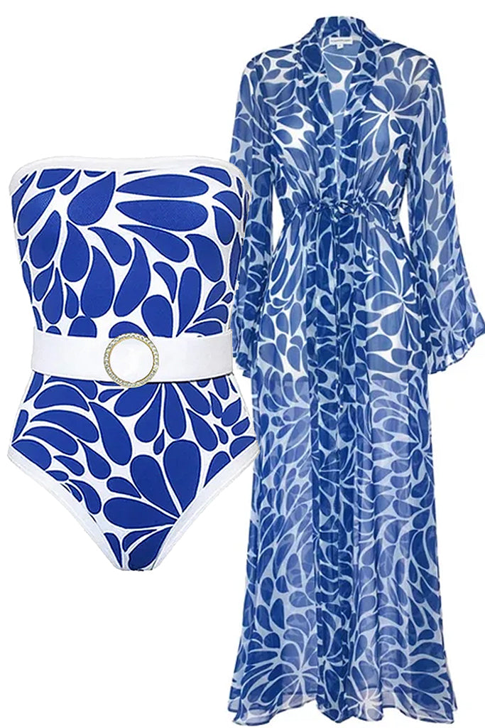 Indira Μπλε Ολόσωμο Μαγιό και Καφτάνι | Γυναικεία Μαγιό - Ολόσωμα  - Swimwear | Indira One Piece Blue Swimsuit with Kimono Set