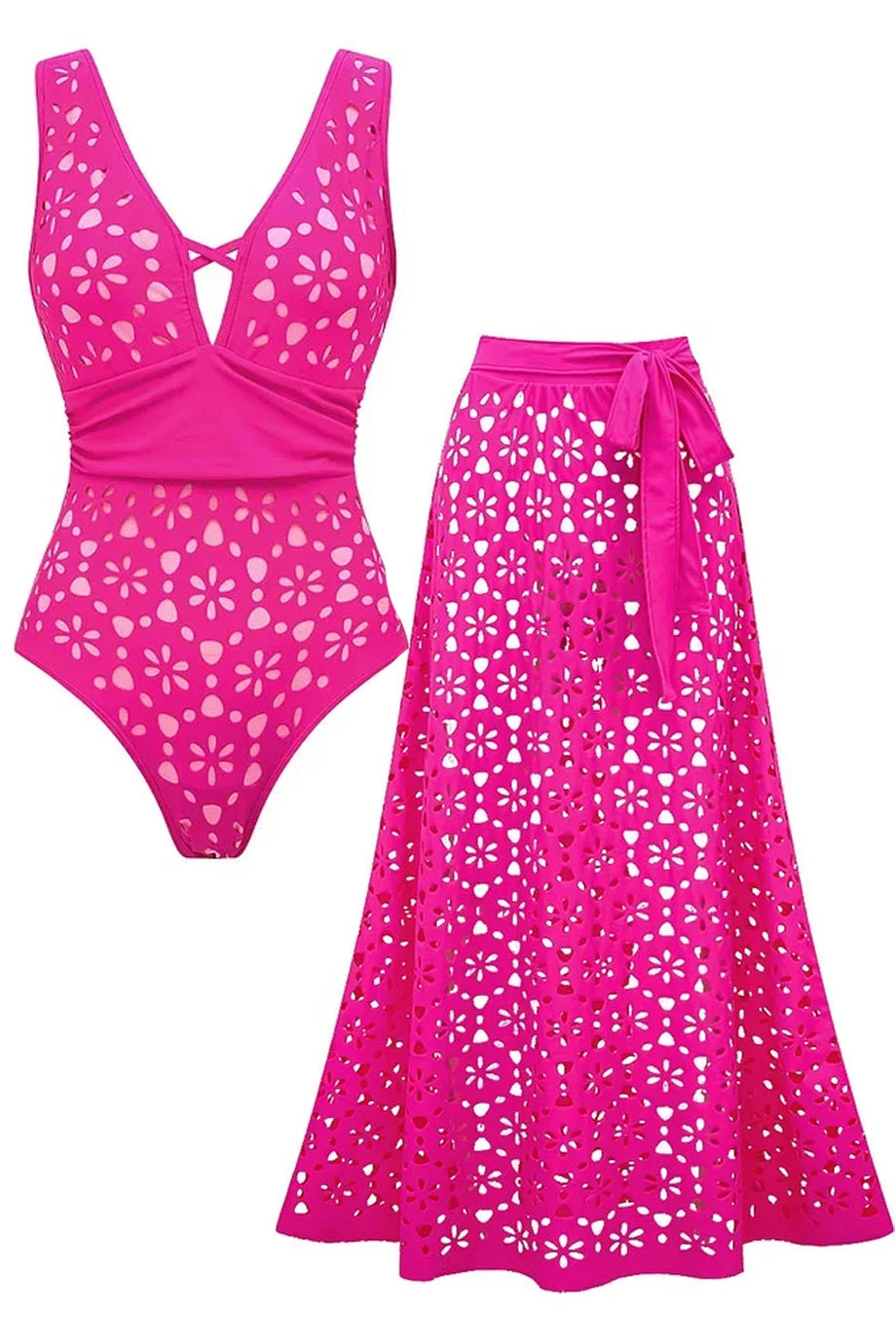 Soliera Ολόσωμο Μαγιό και Φούστα Παρεό με Διάτρητο Σχέδιο (Σετ) | Μαγιό - Ολόσωμα - Swimwear One Piece | Soliera One-Piece Swimsuit with Pareo Skirt Set