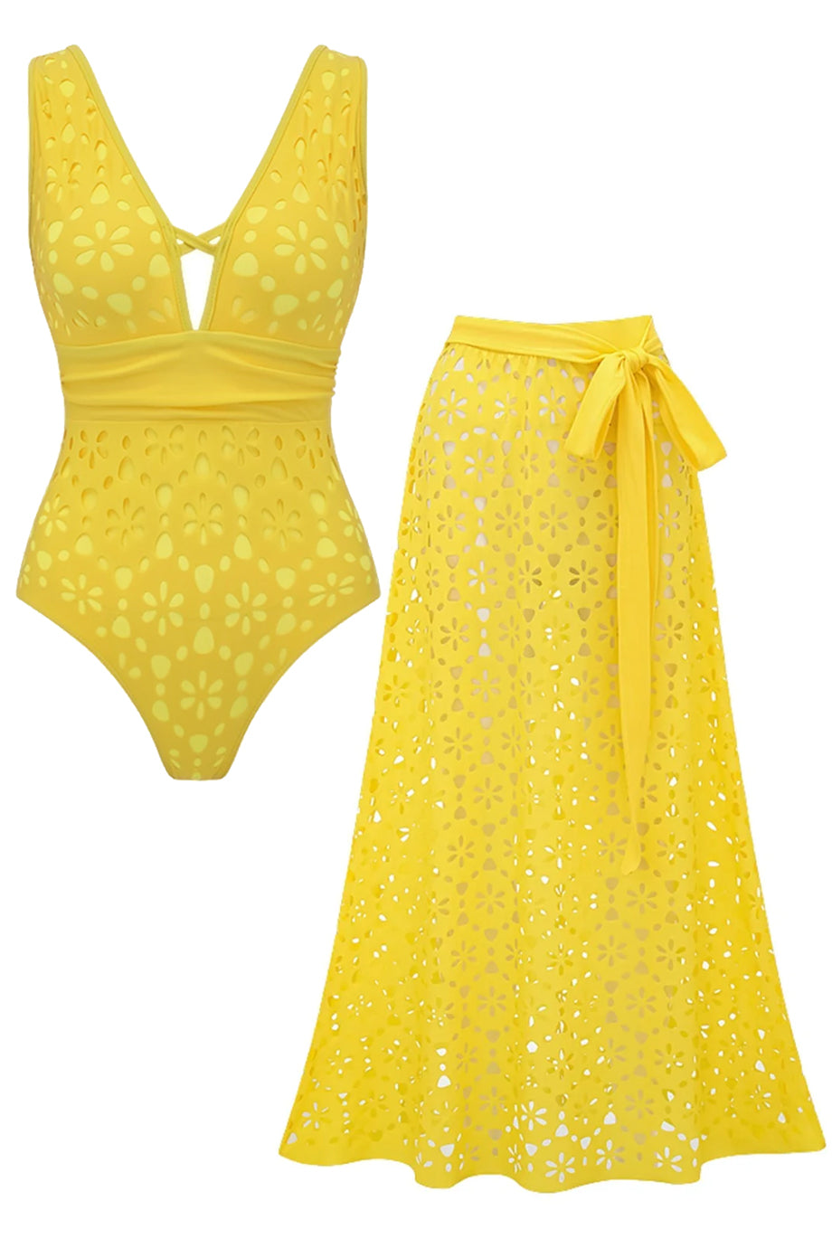 Soliera Ολόσωμο Μαγιό και Φούστα Παρεό με Διάτρητο Σχέδιο (Σετ) | Μαγιό - Ολόσωμα - Swimwear One Piece | Soliera One-Piece Swimsuit with Pareo Skirt Set