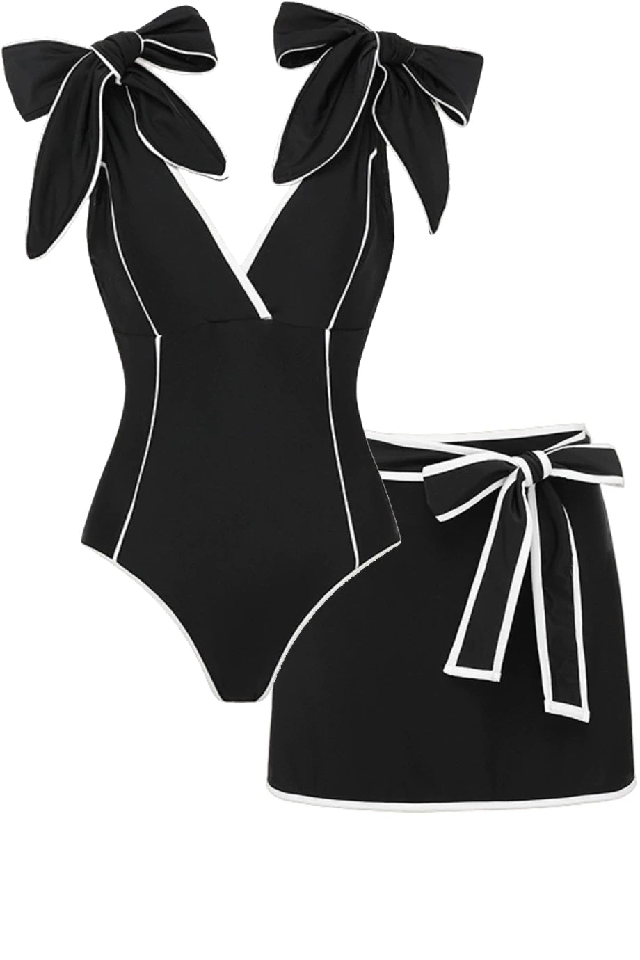 Vireya Μαύρο Ολόσωμο Μαγιό με Φιόγκους και Φούστα Παρεό Σετ | Μαγιό - Ολόσωμα - Swimwear One Piece | Vireya Black One-Piece Swimsuit with Bows and Pareo Skirt Set