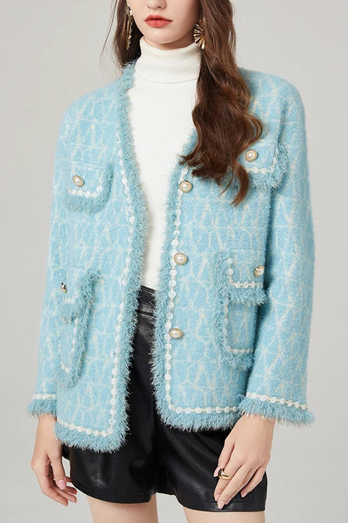Rosalind Γαλάζια Tweed Πλεκτή Ζακέτα | Γυναικεία Ρούχα - Πλεκτές Ζακέτες | Rosalind Light Blue Knit Cardigan