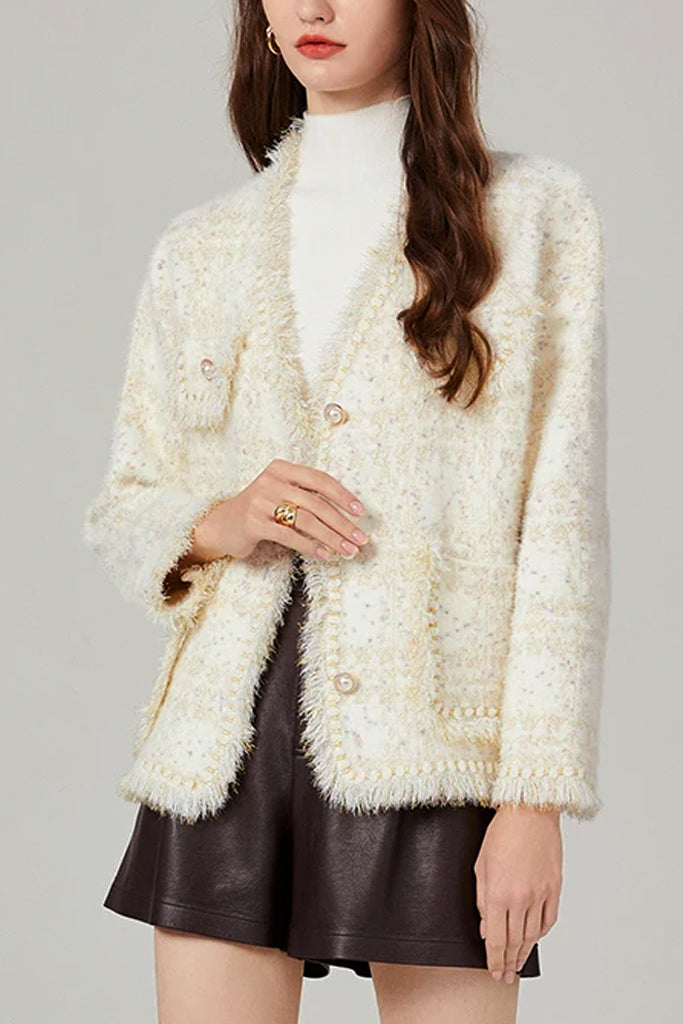 Rosalind Εκρού Tweed Πλεκτή Ζακέτα | Γυναικεία Ρούχα - Πλεκτές Ζακέτες | Rosalind Cream Knit Cardigan