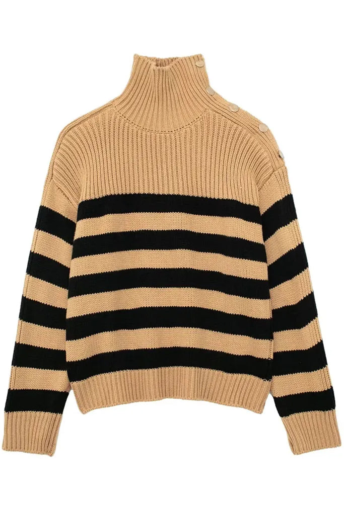 Alude Μπεζ Ριγέ Πουλόβερ με Ζιβάγκο | Γυναικεία Ρούχα - Πουλόβερ Πλεκτά | Alude Beige Striped Turtleneck Sweater