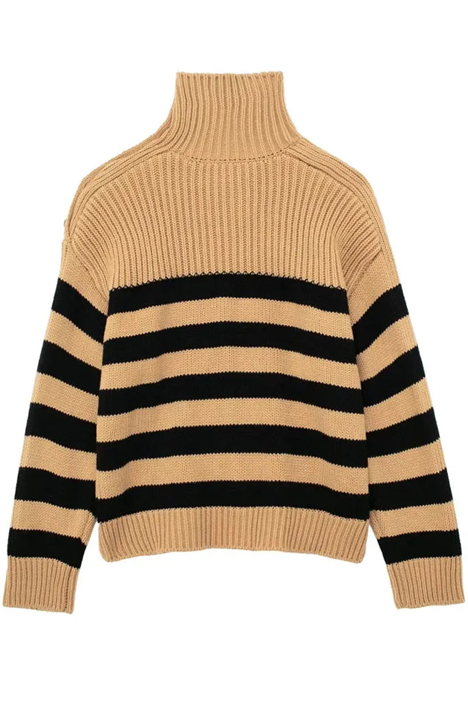 Alude Μπεζ Ριγέ Πουλόβερ με Ζιβάγκο | Γυναικεία Ρούχα - Πουλόβερ Πλεκτά | Alude Beige Striped Turtleneck Sweater