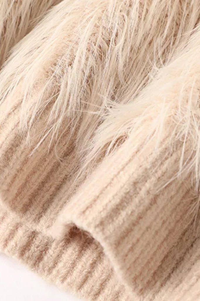 Dissa Μπεζ Πλεκτό Πουλόβερ | Γυναικεία Ρούχα - Πλεκτές Ζακέτες | Dissa Beige Knit Sweater with Faux Fur
