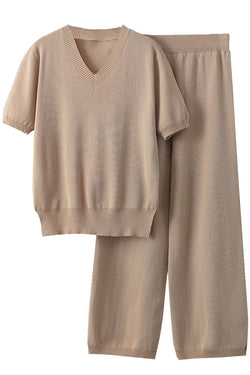Farley Μπεζ Πλεκτό Σετ Τοπ και Παντελόνι | Γυναικεία Ρούχα - Πλεκτά Σετ - Moncye | Farley Beige Knitted Set with Top and Pants