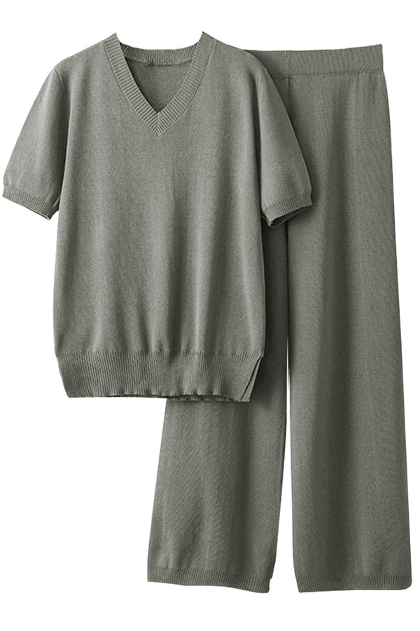 Farley Γκρι Πλεκτό Σετ Τοπ και Παντελόνι | Γυναικεία Ρούχα - Πλεκτά Σετ - Moncye | Farley Grey Knitted Set with Top and Pants