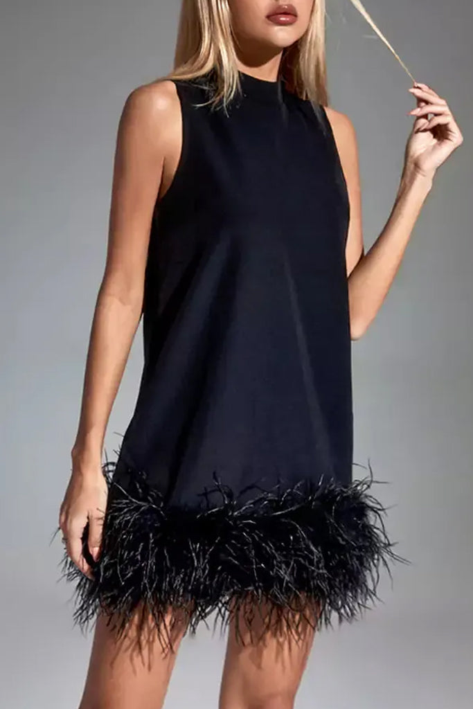 Otter Black Mini Dress With Feathers