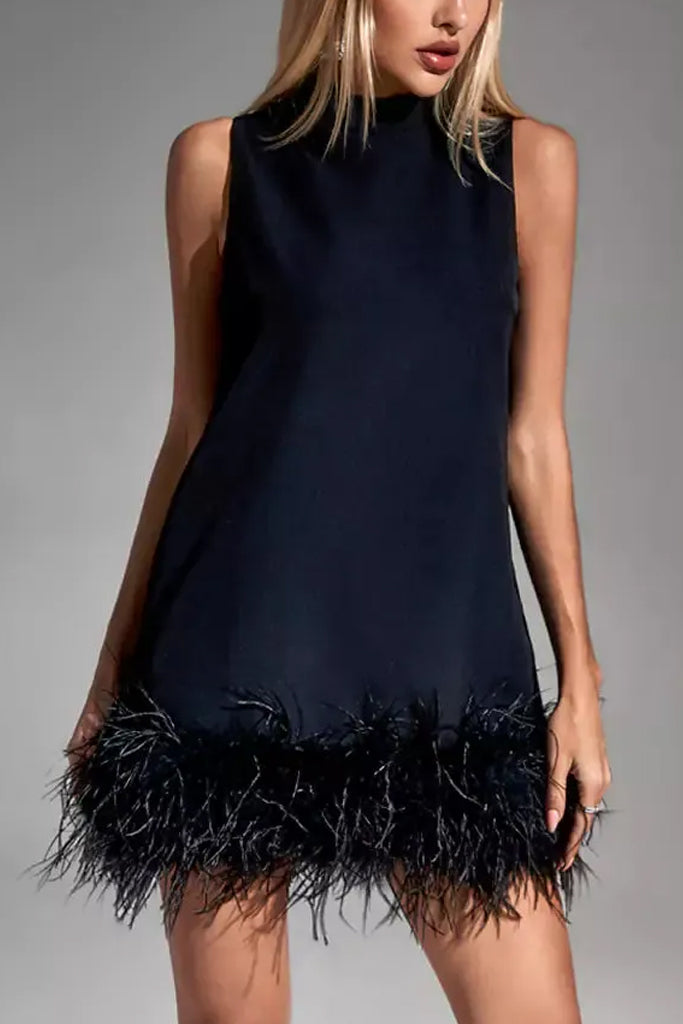 Otter Black Mini Dress With Feathers