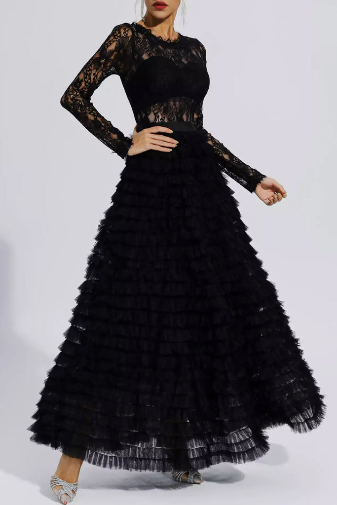 Laetitia Black Long Evening Dress with Tulle and Lace