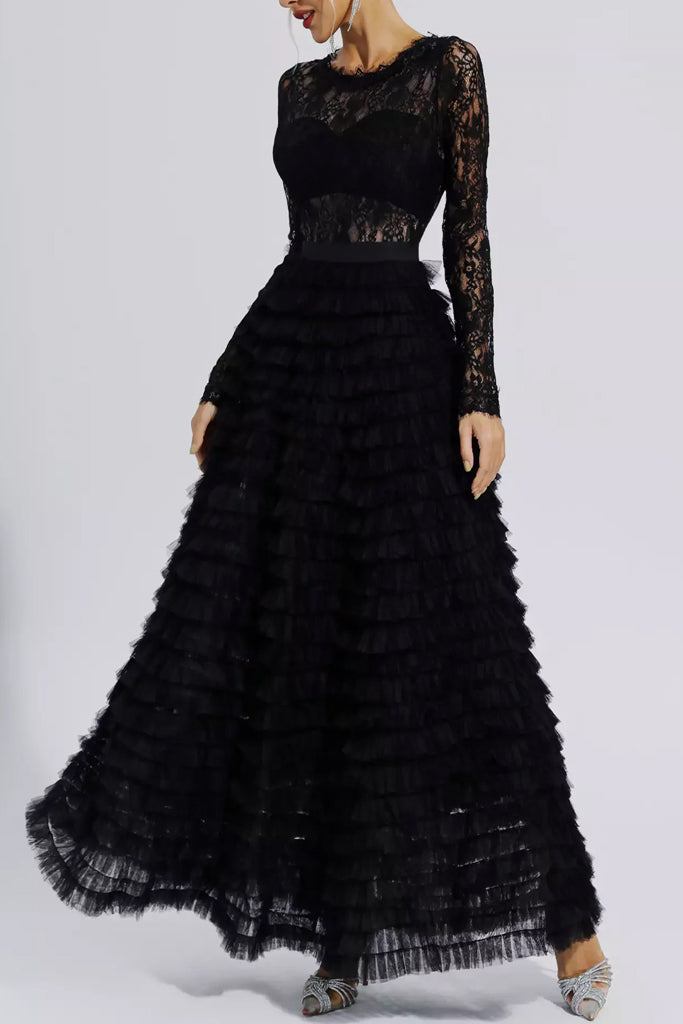 Laetitia Black Long Evening Dress with Tulle and Lace