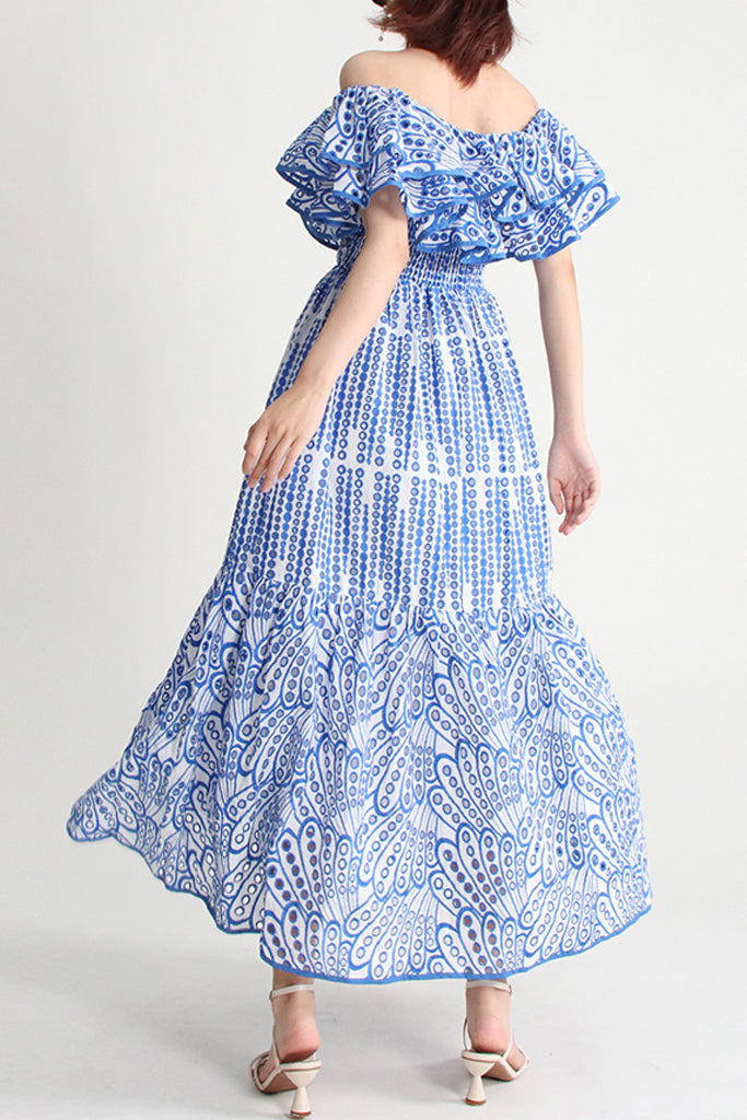 Canaria Μπλε Φόρεμα με Βολάν | Γυναικεία Ρούχα - Φορέματα Canaria Canaria Blue Off-the shoulder Dress