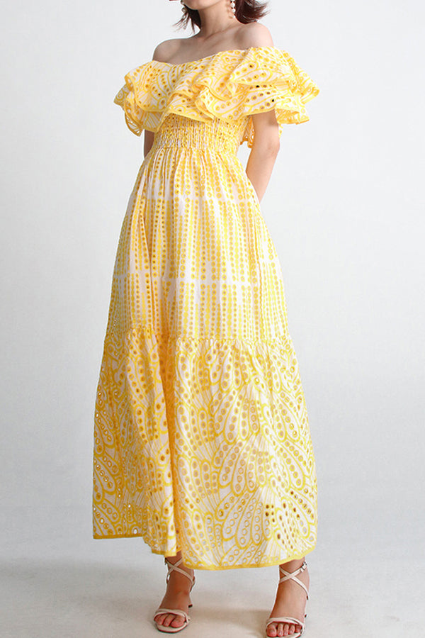 Canaria Κίτρινο Φόρεμα με Βολάν | Γυναικεία Ρούχα - Φορέματα Canaria Canaria Yellow Off-the shoulder Dress