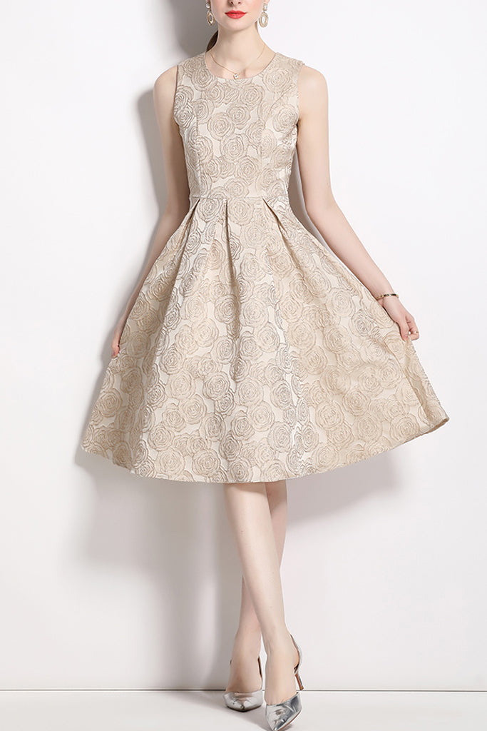 Rosy Μπεζ Φλοράλ Φόρεμα | Γυναικεία Ρούχα - Φορέματα | Rosy Beige Floral Brocade Dress