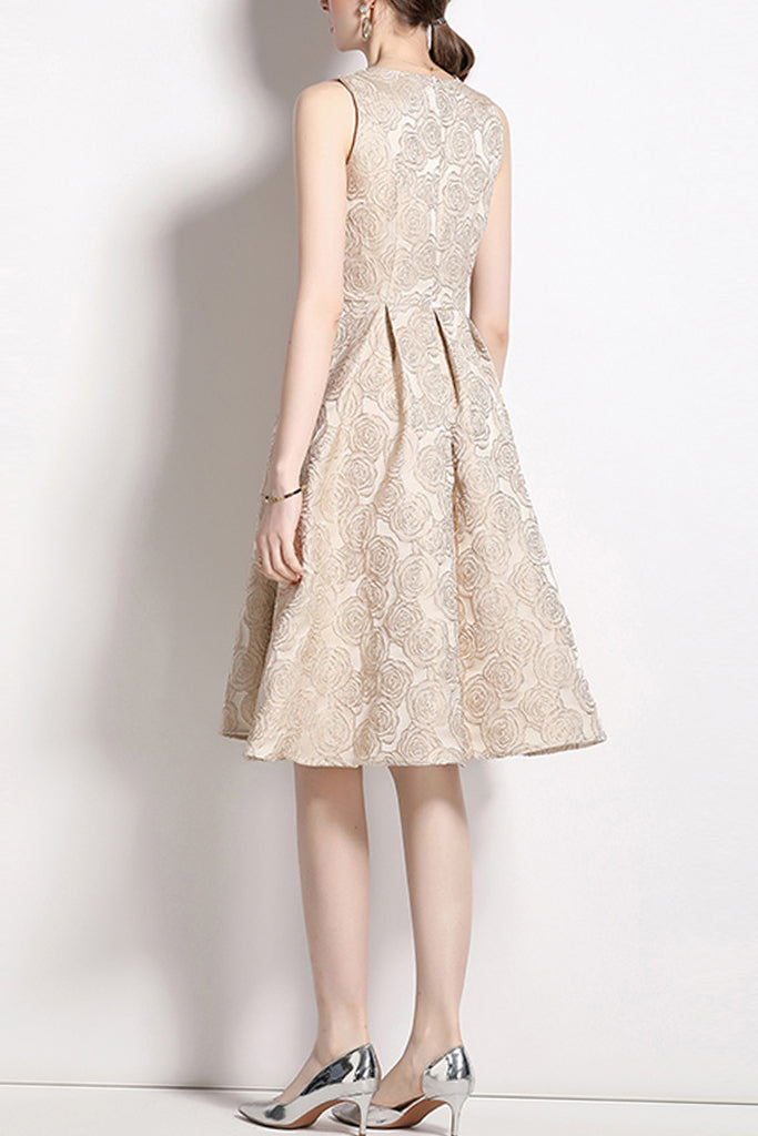 Rosy Μπεζ Φλοράλ Φόρεμα | Γυναικεία Ρούχα - Φορέματα | Rosy Beige Floral Brocade Dress