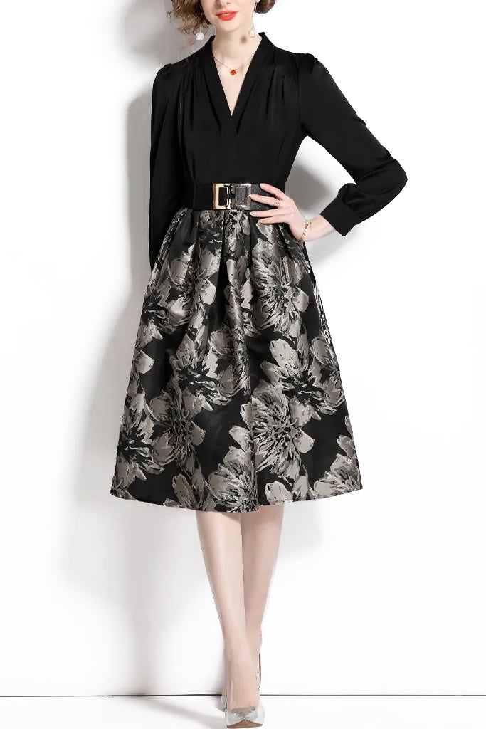 Ligne Μαύρο Γκρι Βραδινό Φλοράλ Φόρεμα | Γυναικεία Ρούχα - Φορέματα | Ligne Black Grey Floral Jacquard Dress